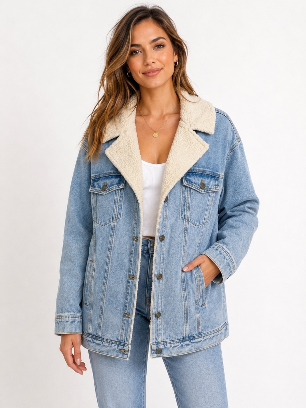saltwater LUXE Light Blue Denim Jacket with Cream Sherpa Collar